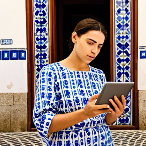 Home 14 A curious and innovative professional in a dynamic Portuguese setting, absorbed in digital learning. The scene features a person (gender-neutral, 30s-40s) holding a tablet displaying trending digital content or news with Portuguese text. Surroundings subtly blend traditional Portuguese elements like Azulejo tiles or a glimpse of a historic Lisbon street with modern, flowing digital lines and light, symbolizing new connections and constant learning. The overall mood is vibrant, forward-thinking, and authentic to Portugal's evolving digital landscape. High detail, warm lighting.