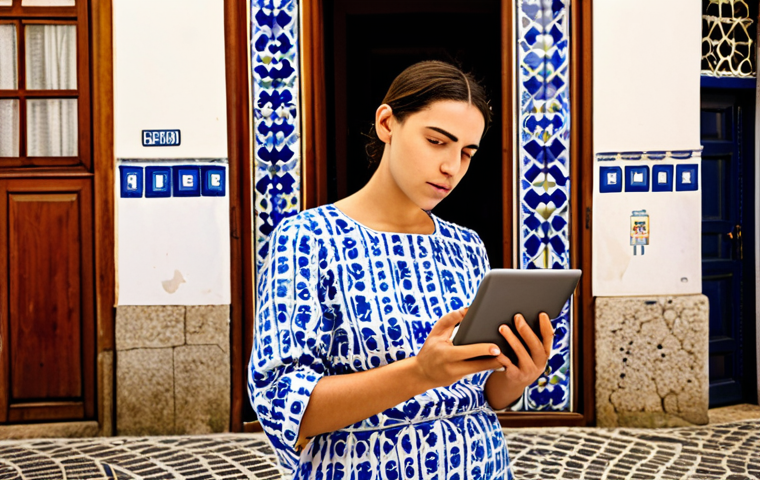 A curious and innovative professional in a dynamic Portuguese setting, absorbed in digital learning. The scene features a person (gender-neutral, 30s-40s) holding a tablet displaying trending digital content or news with Portuguese text. Surroundings subtly blend traditional Portuguese elements like Azulejo tiles or a glimpse of a historic Lisbon street with modern, flowing digital lines and light, symbolizing new connections and constant learning. The overall mood is vibrant, forward-thinking, and authentic to Portugal's evolving digital landscape. High detail, warm lighting.