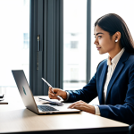 A professional, diverse businessperson in a modest business suit, seated at a sleek modern desk in a well-lit co-working space. The person is focused on a laptop, a notebook with handwritten notes and a business card visible beside it, suggesting a personalized follow-up. The atmosphere is calm and productive, with soft morning light filtering through a large window. The image conveys dedication and attention to detail. fully clothed, appropriate attire, safe for work, perfect anatomy, correct proportions, natural pose, well-formed hands, proper finger count, natural body proportions, professional photography, high quality.
