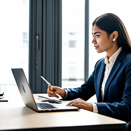 Home 7 A professional, diverse businessperson in a modest business suit, seated at a sleek modern desk in a well-lit co-working space. The person is focused on a laptop, a notebook with handwritten notes and a business card visible beside it, suggesting a personalized follow-up. The atmosphere is calm and productive, with soft morning light filtering through a large window. The image conveys dedication and attention to detail. fully clothed, appropriate attire, safe for work, perfect anatomy, correct proportions, natural pose, well-formed hands, proper finger count, natural body proportions, professional photography, high quality.