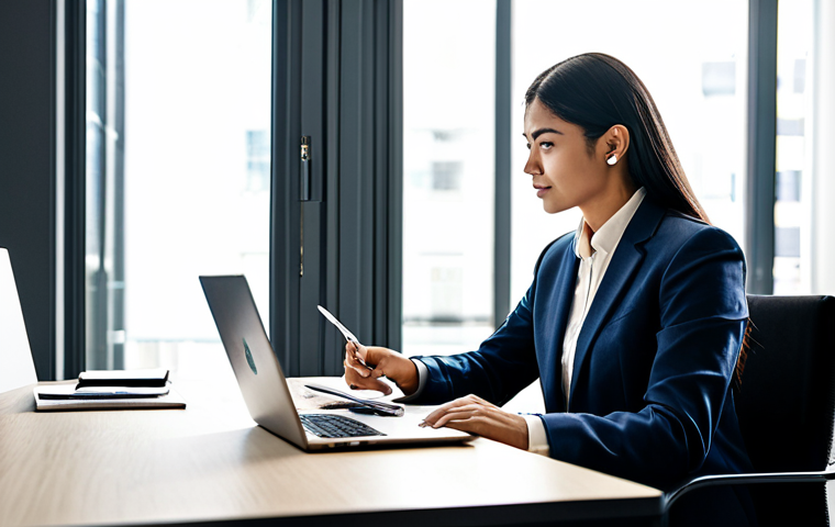 A professional, diverse businessperson in a modest business suit, seated at a sleek modern desk in a well-lit co-working space. The person is focused on a laptop, a notebook with handwritten notes and a business card visible beside it, suggesting a personalized follow-up. The atmosphere is calm and productive, with soft morning light filtering through a large window. The image conveys dedication and attention to detail. fully clothed, appropriate attire, safe for work, perfect anatomy, correct proportions, natural pose, well-formed hands, proper finger count, natural body proportions, professional photography, high quality.