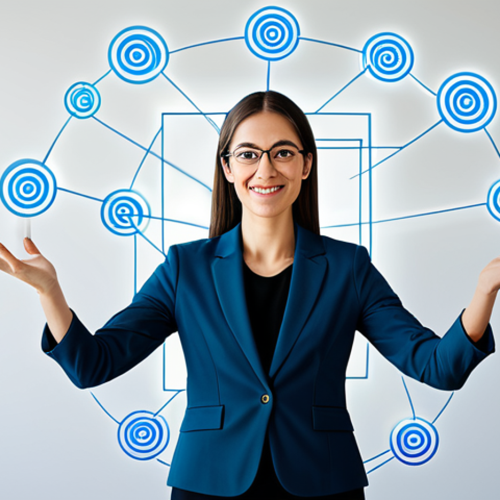 A confident, professional person, fully clothed in modest business attire, standing in a natural pose, looking directly at the viewer with an open, authentic expression, suggesting genuine connection. One hand subtly gesturing towards a transparent, abstract digital overlay that represents their personal brand or online presence, showing data flows or network connections. Background is a minimalist, bright modern office or creative studio with soft, diffused lighting and abstract digital lines. High-resolution, professional photography style, sharp focus, vibrant colors. safe for work, appropriate content, fully clothed, professional, perfect anatomy, correct proportions, natural pose, well-formed hands, proper finger count, natural body proportions.