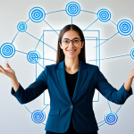 A confident, professional person, fully clothed in modest business attire, standing in a natural pose, looking directly at the viewer with an open, authentic expression, suggesting genuine connection. One hand subtly gesturing towards a transparent, abstract digital overlay that represents their personal brand or online presence, showing data flows or network connections. Background is a minimalist, bright modern office or creative studio with soft, diffused lighting and abstract digital lines. High-resolution, professional photography style, sharp focus, vibrant colors. safe for work, appropriate content, fully clothed, professional, perfect anatomy, correct proportions, natural pose, well-formed hands, proper finger count, natural body proportions.