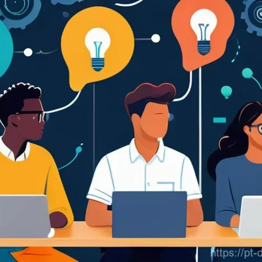 디지털 네트워킹을 통한 혁신적 아이디어 발굴 - "A bright and energetic illustration of a diverse group of young professionals and students (ages 18...
