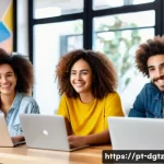 Home 22 소셜 미디어를 활용한 관계 형성의 성공 사례 - A diverse group of young Brazilian social media influencers collaborating in a bright, modern cowork...